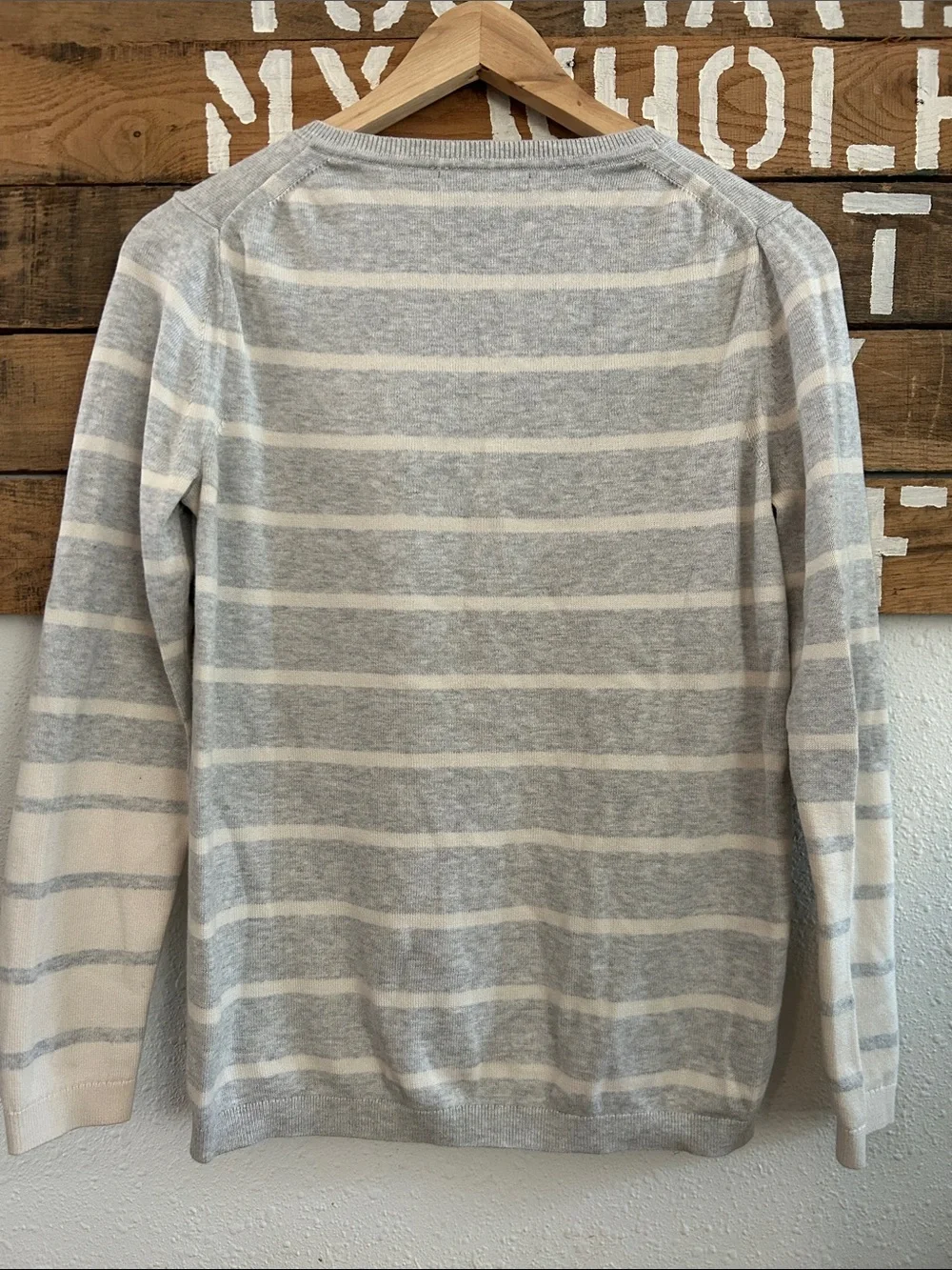 Banana Republic Gray and Cream Striped Crewneck Sweater